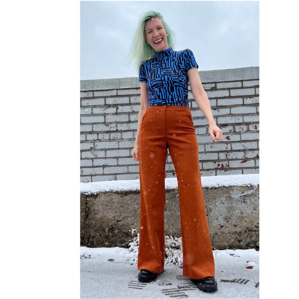 Rust Orange Wide-Leg Flare Velvet Pants, Size 4, Birds of North America